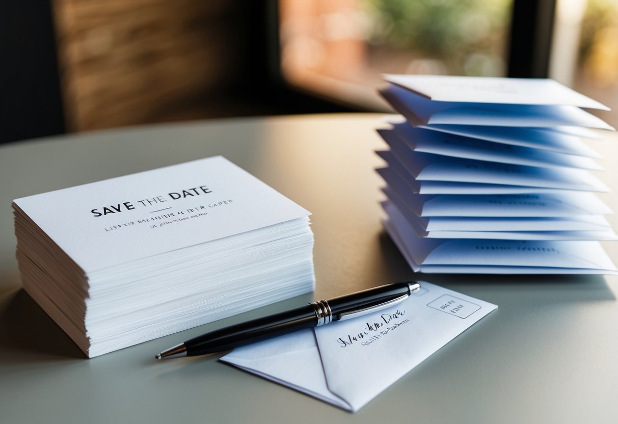 A table with a stack of blank save-the-date cards, a pen, and a pile of envelopes with addresses written on them