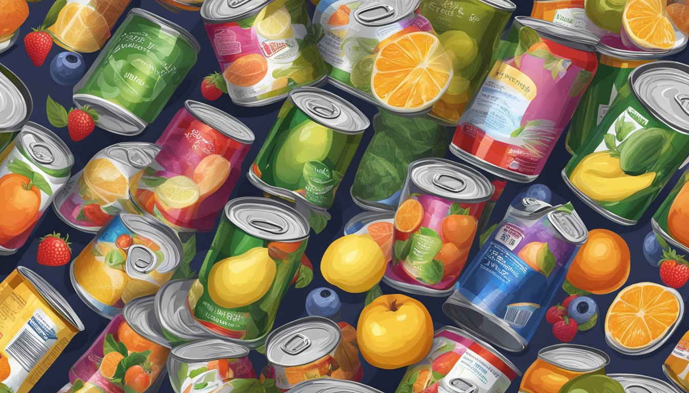 A variety of canned fruits are shown with different expiration dates, some visibly spoiled. A person hesitates to consume them