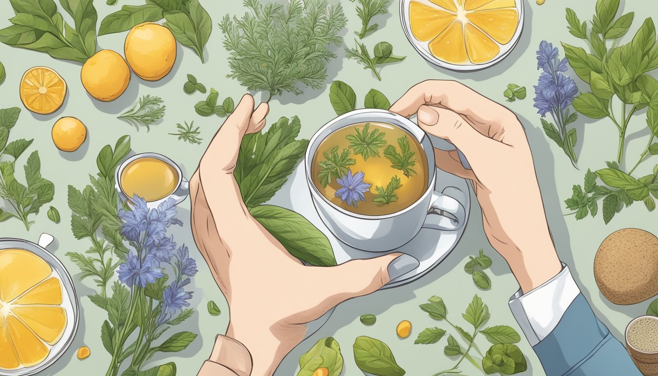 A person holding a cup of chicory root tea, surrounded by various healthy foods and herbs, with a glowing halo around the cup