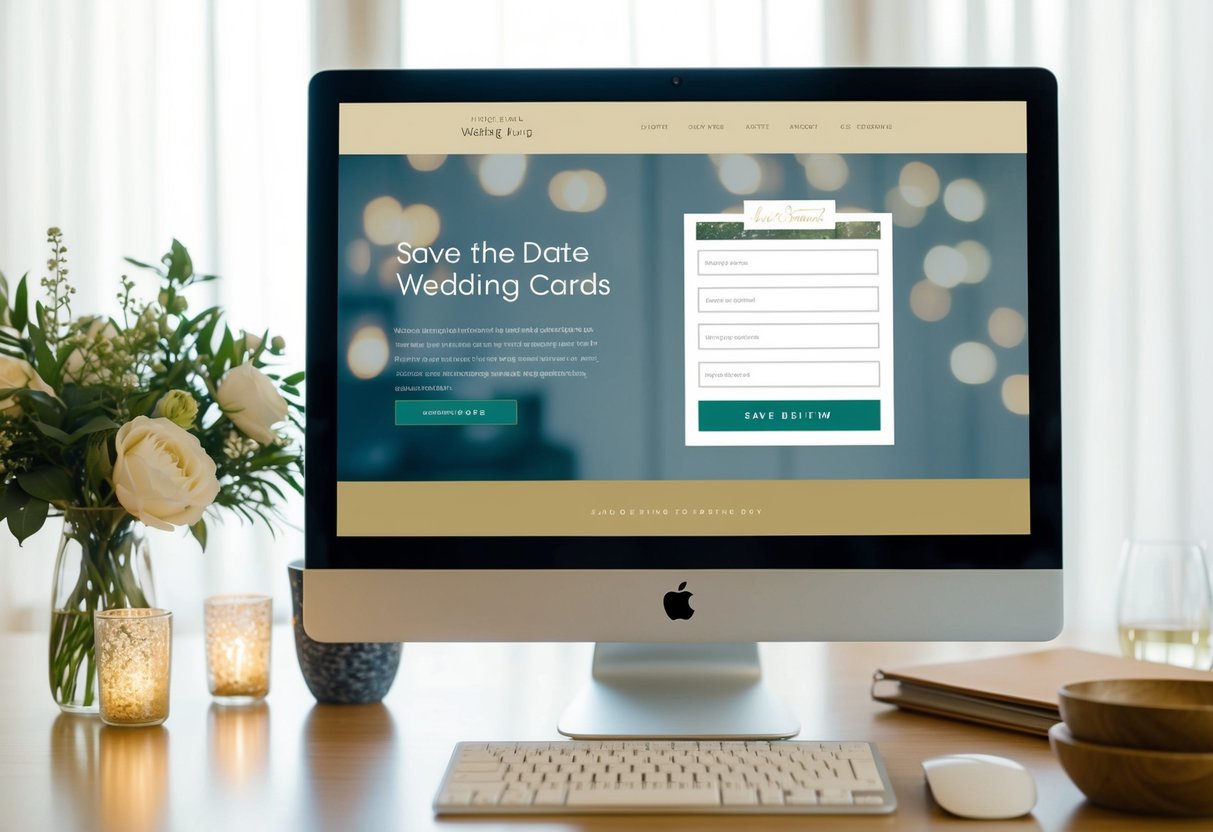 A computer screen with a wedding website open, showing a form for guests to input their addresses for save the date cards