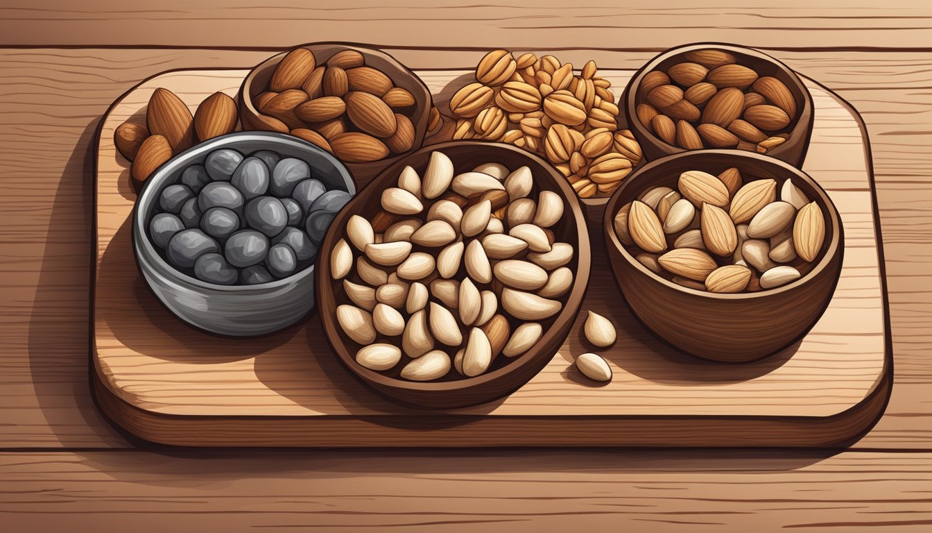 A variety of nuts displayed on a wooden cutting board, including almonds, walnuts, and cashews. Some nuts are shelled, while others are still in their protective outer covering