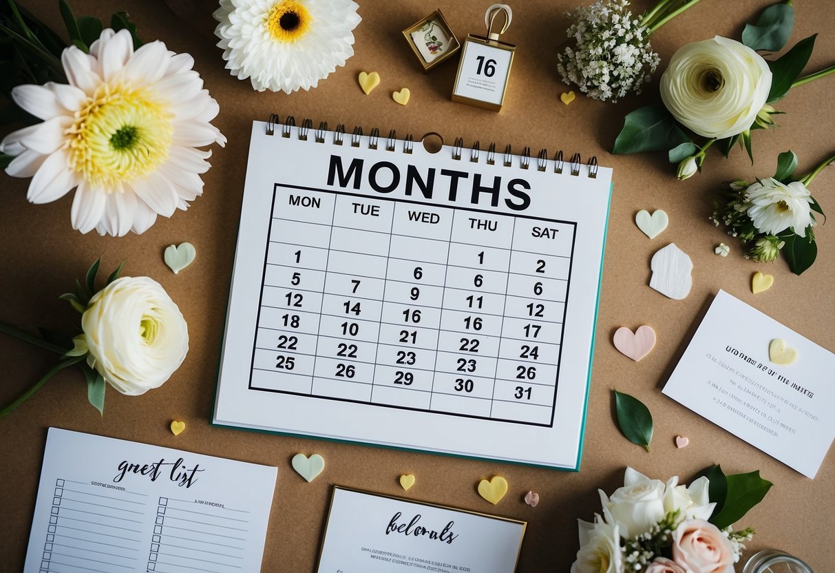 A calendar with the date 16 months in the future circled, surrounded by various wedding-related items like flowers, invitations, and a guest list