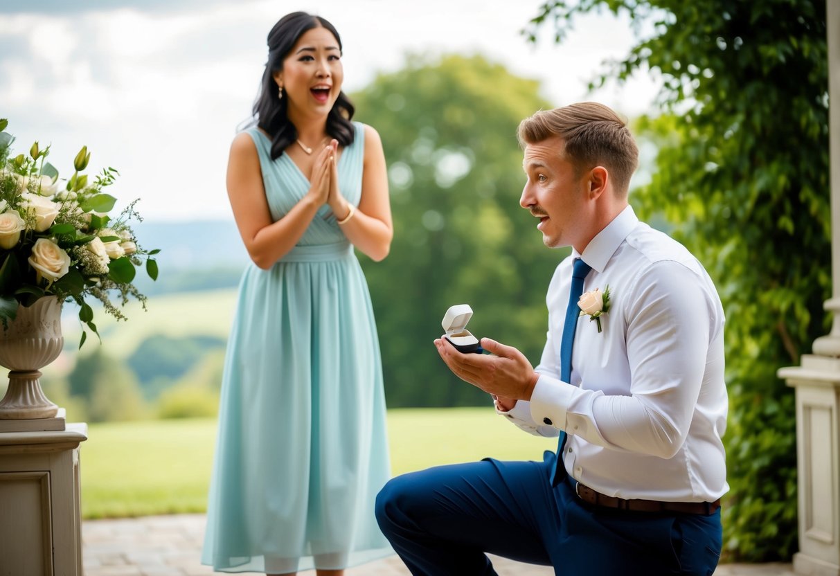 A person holding a ring box, kneeling on one knee, with a surprised and emotional maid of honor standing in front of them. The setting is romantic and picturesque, with soft lighting and beautiful surroundings
