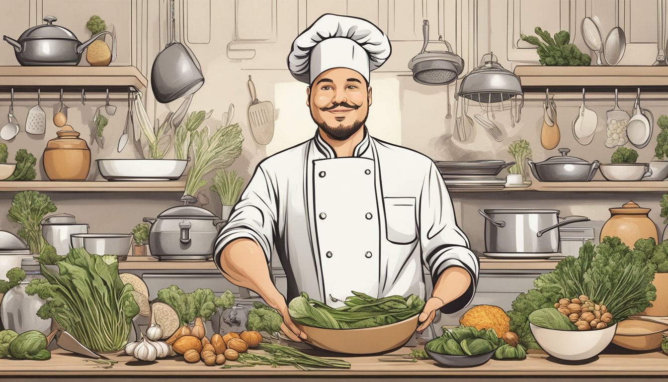 A chef holding a chicory root, surrounded by various food items and cooking utensils, with a curious expression on their face