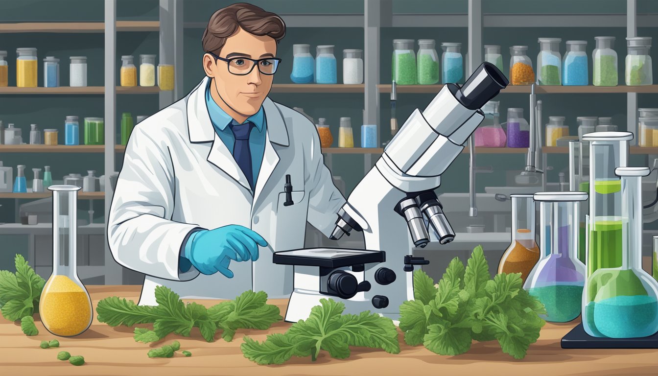 A scientist in a lab coat examines a chicory root under a microscope, surrounded by beakers and test tubes