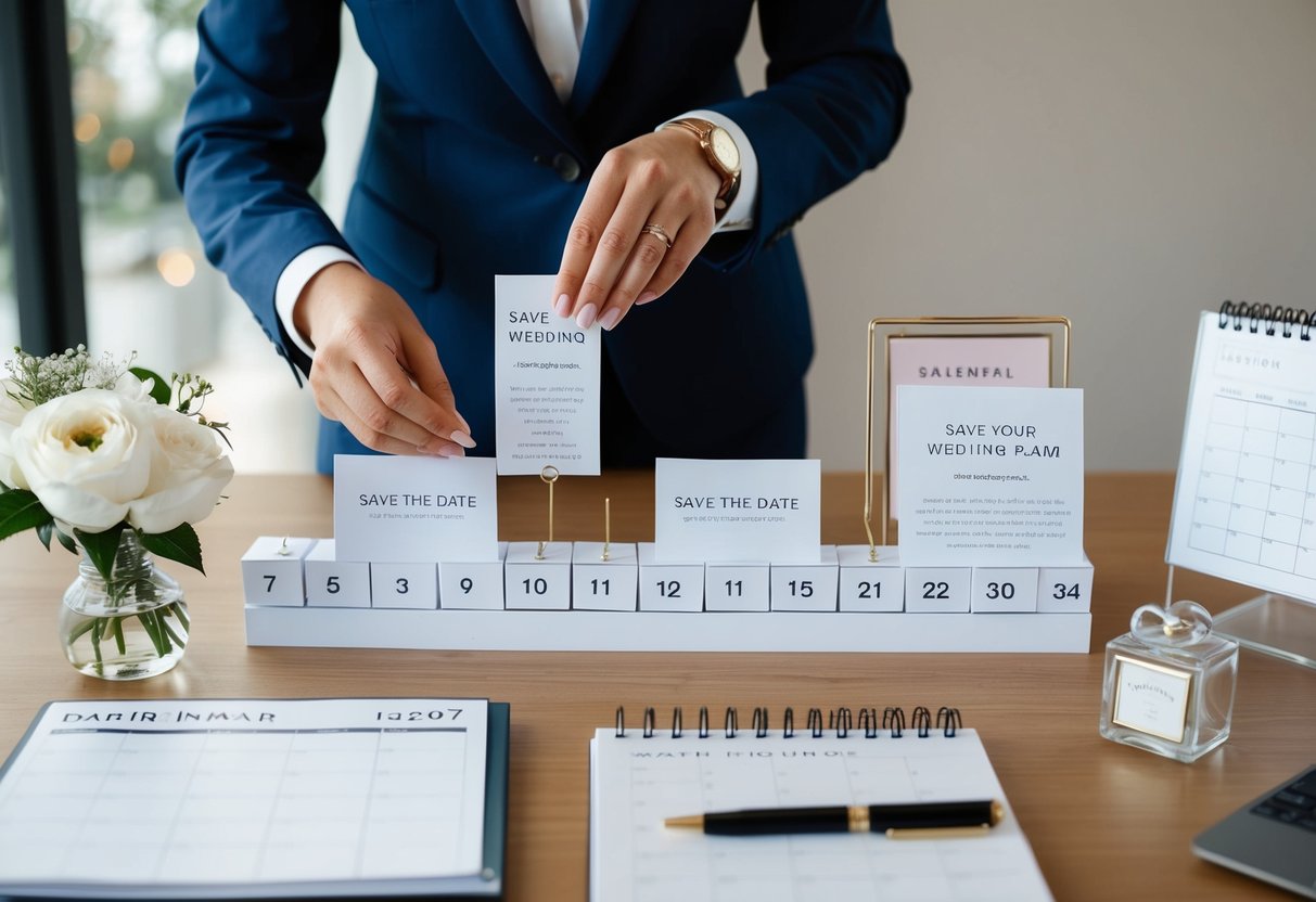 A wedding planner organizing a timeline with various wedding elements, including save the date cards, on a desk with a calendar and other wedding-related items