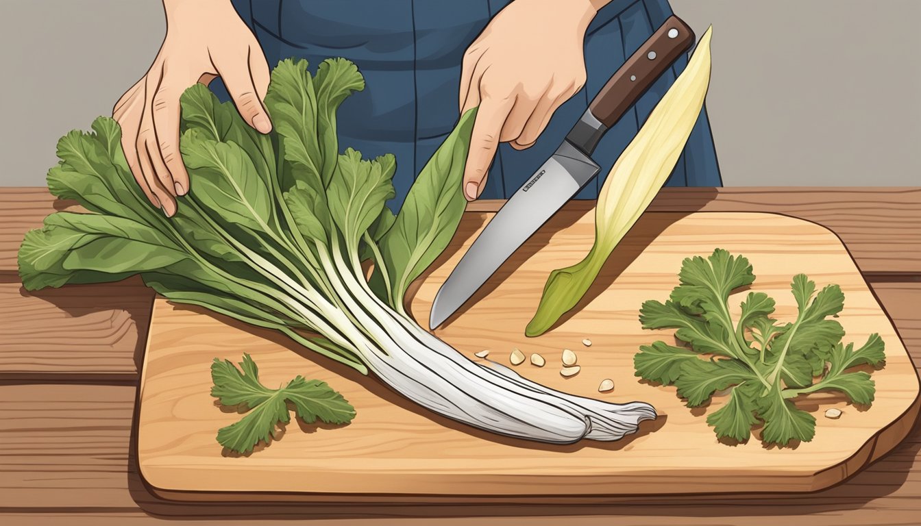 A person holding a chicory root, peeling and slicing it with a knife on a wooden cutting board