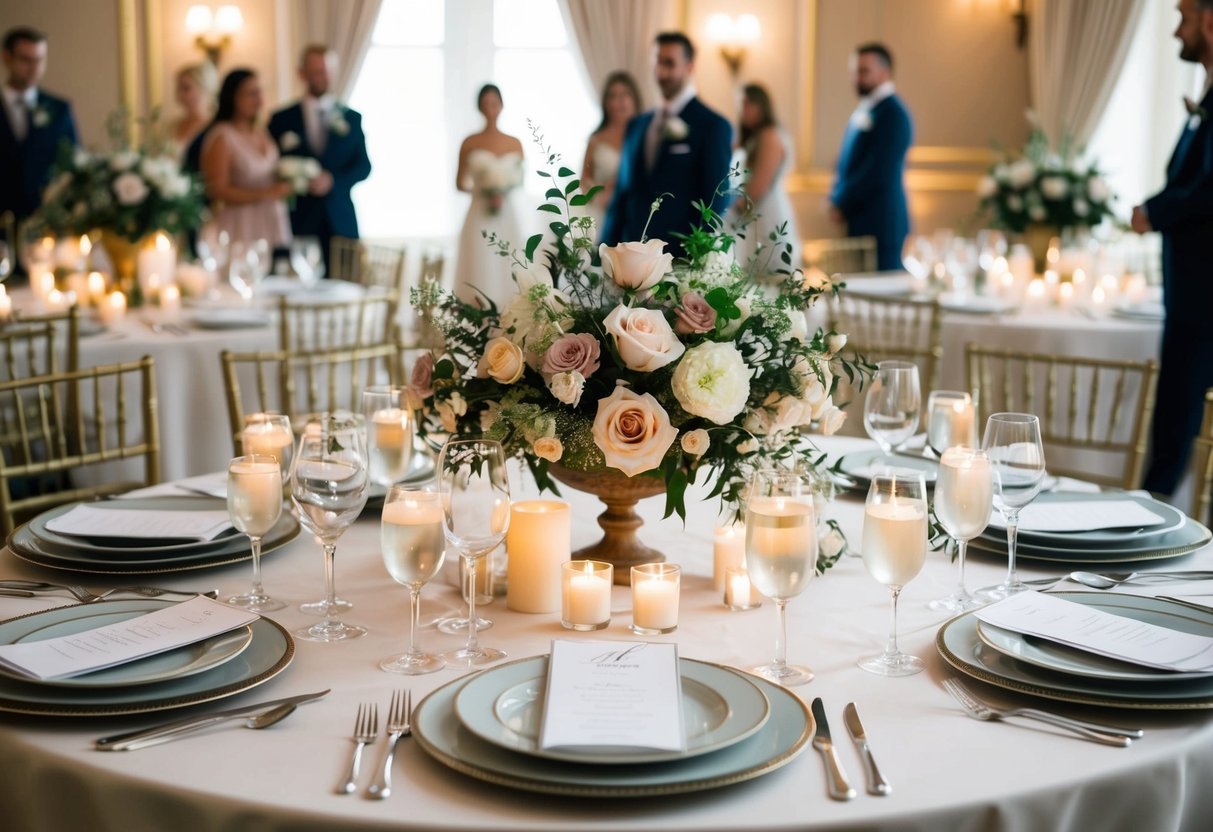 A table set with elegant place settings, adorned with floral centerpieces and soft candlelight, awaits the arrival of wedding guests