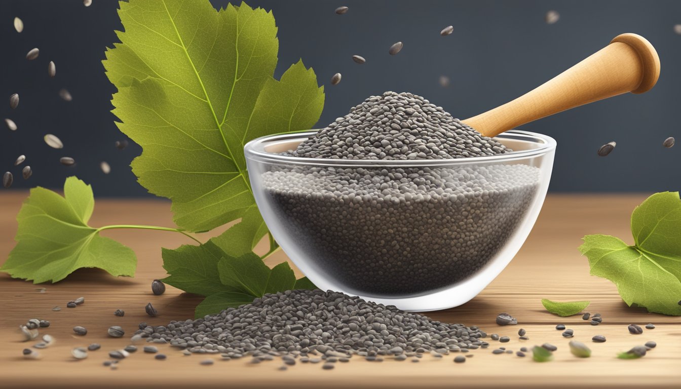 A small pile of chia seeds spills out of a measuring cup onto a wooden table, surrounded by scattered seeds and a few fallen leaves