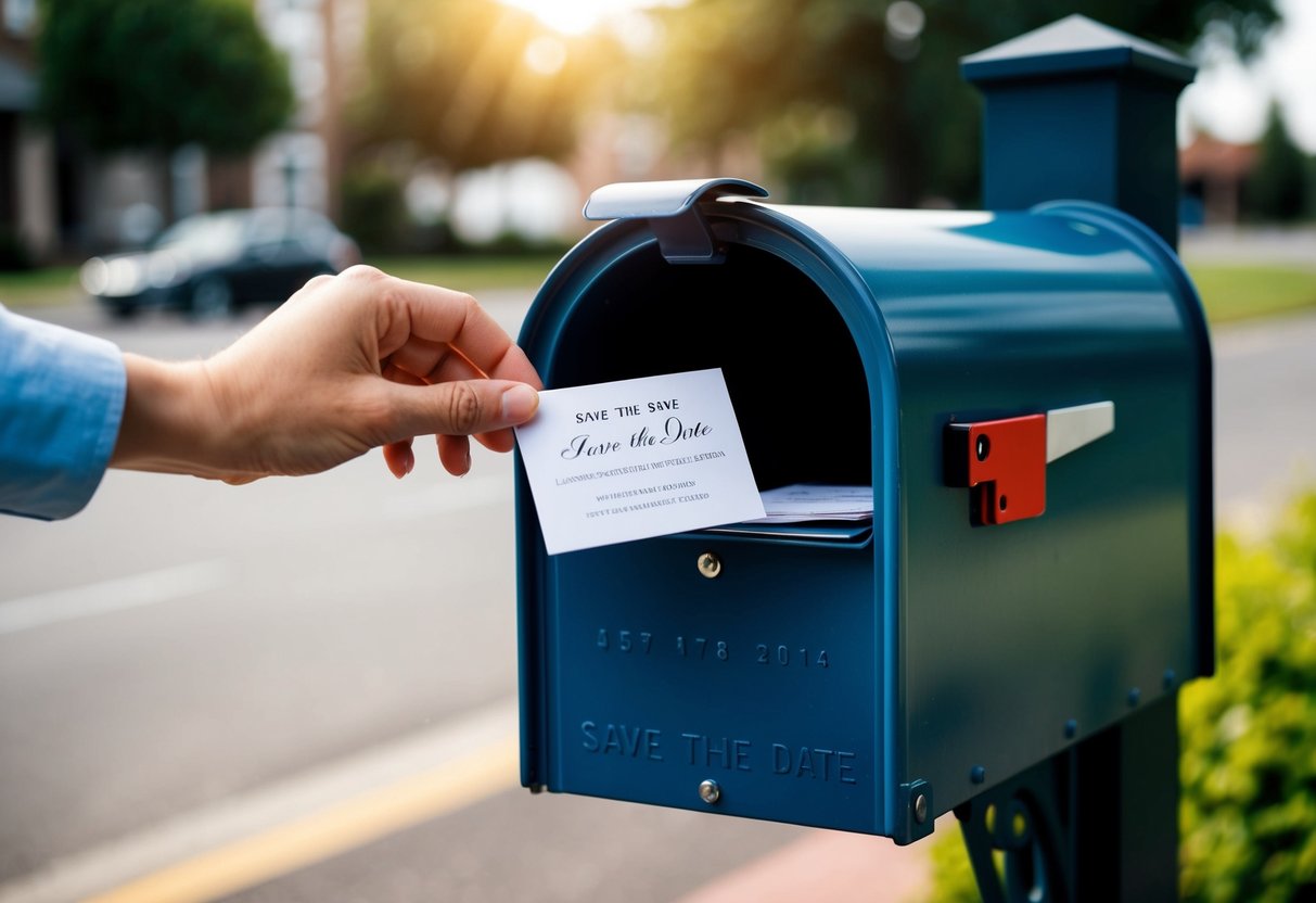 A hand placing a "Save the Date" card in a mailbox