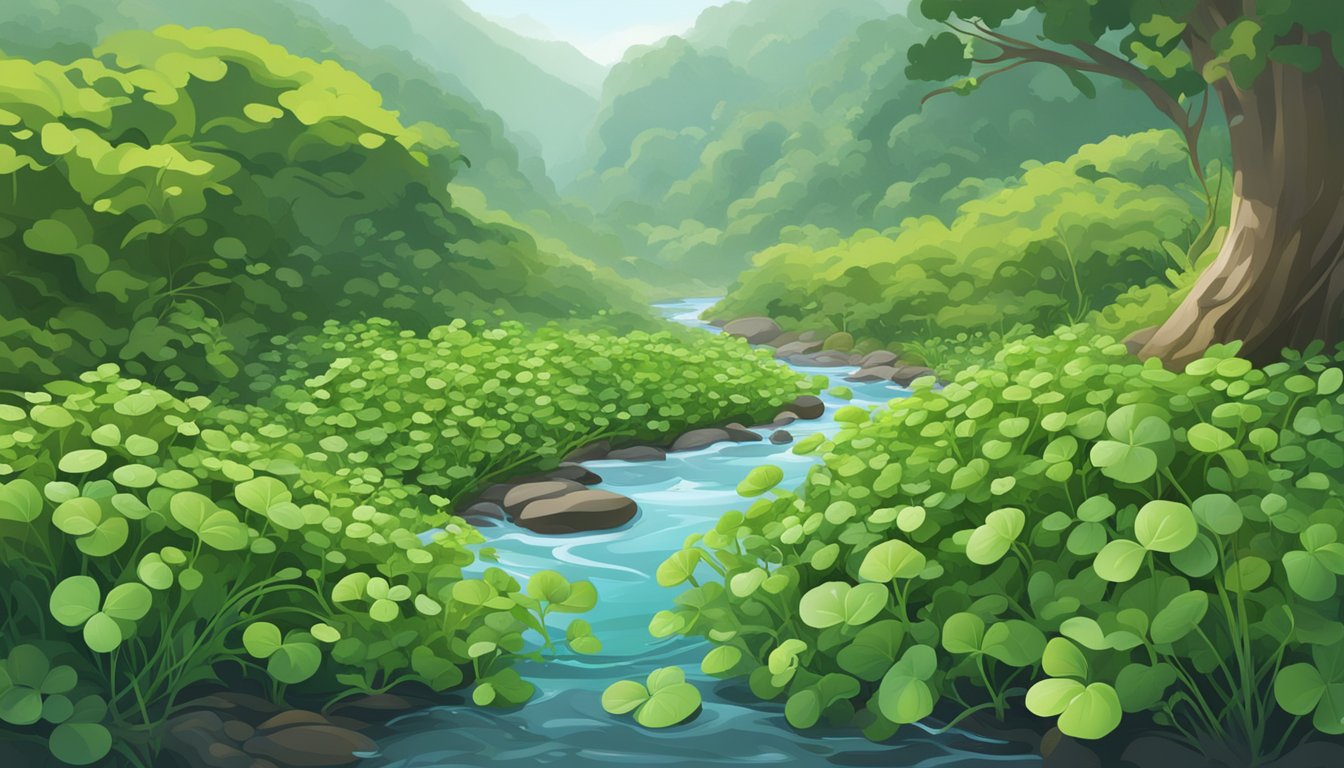 Lush watercress plants growing in a clear, flowing stream