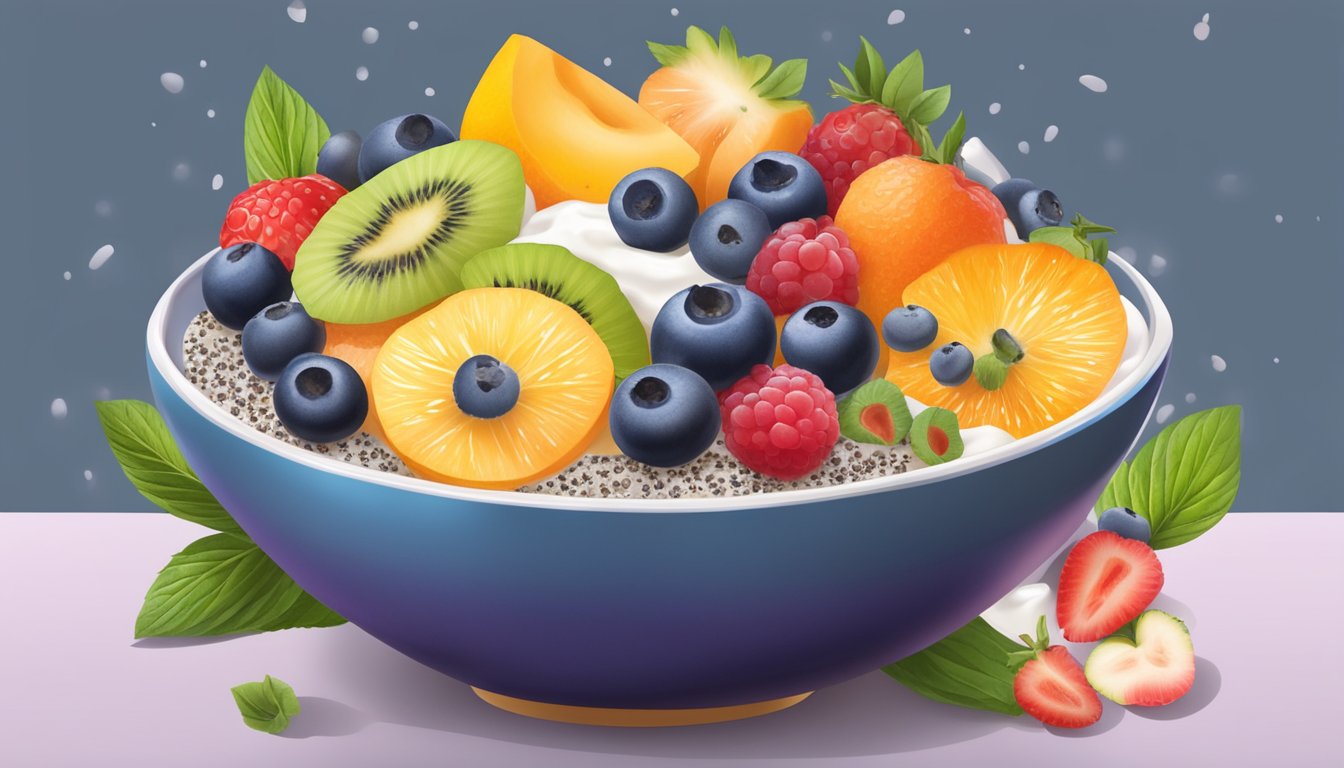 A colorful bowl filled with various fruits and yogurt, topped with a sprinkling of chia seeds