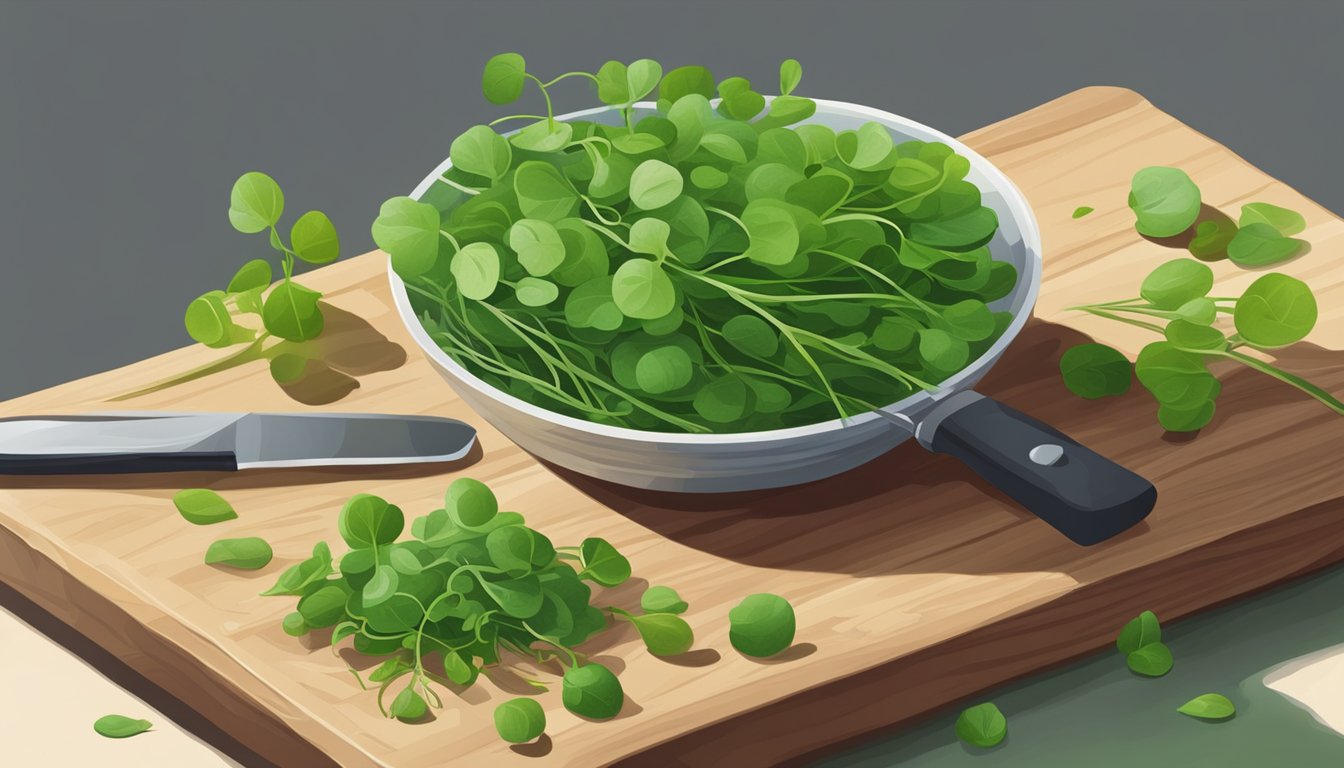 A vibrant bunch of unripe watercress, with crisp green leaves and delicate stems, sits on a cutting board next to a knife and a bowl of fresh water