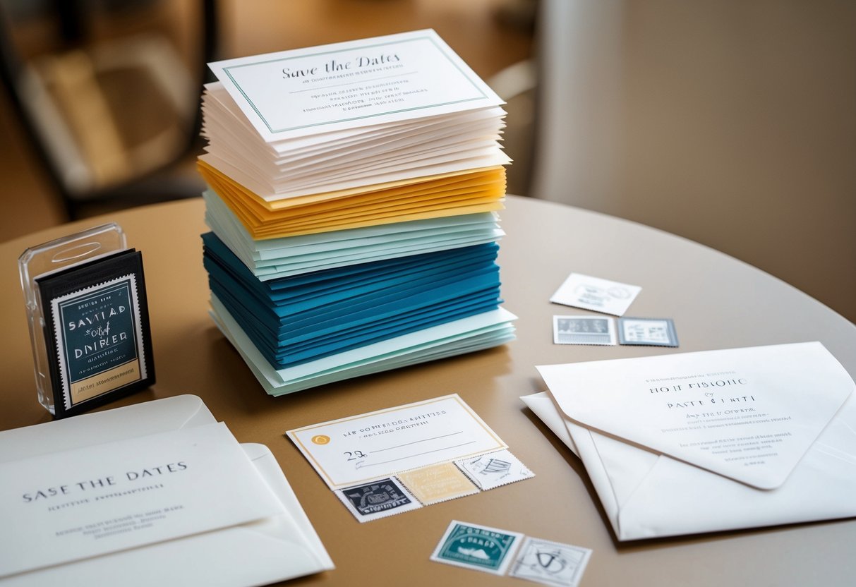 A stack of save the dates and invitations arranged on a table, with envelopes and stamps nearby