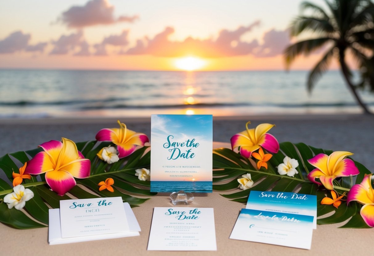 A beach with a sunset in the background, a table with save the date cards and invitations, surrounded by tropical flowers and decor