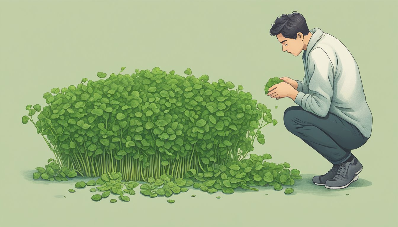 A person examines a bunch of unripe watercress, looking concerned. The watercress is depicted as green and underdeveloped, with a question mark hovering above it