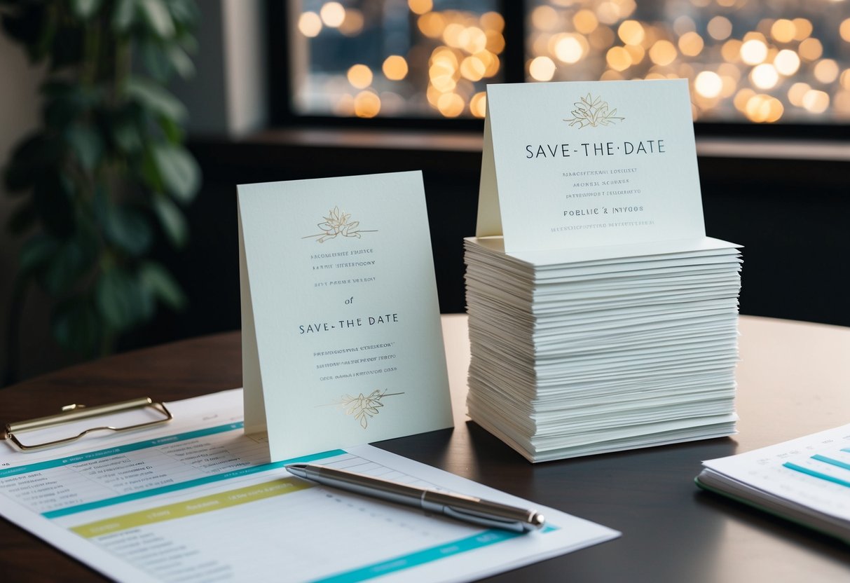A stack of elegant save-the-date cards and invitations arranged on a table, with a pen and budget spreadsheet nearby
