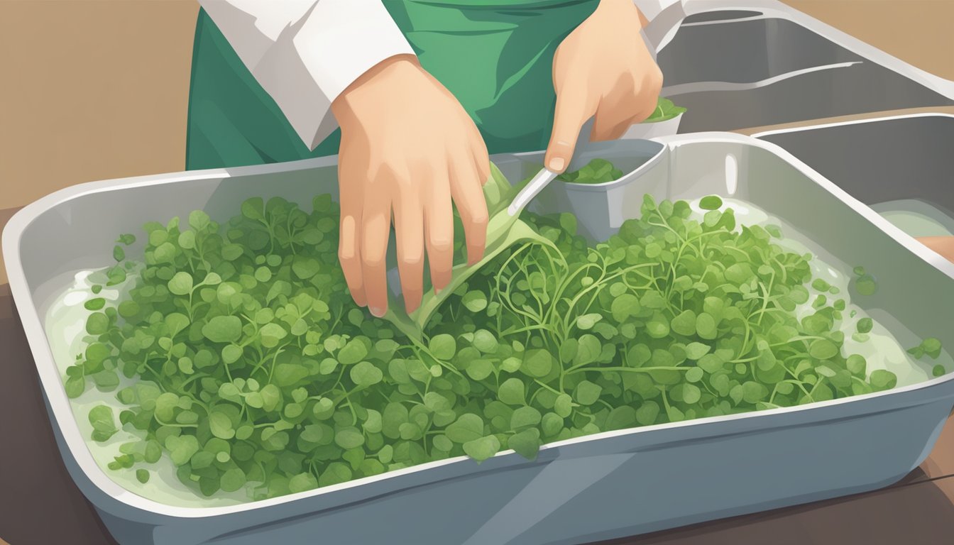 A person washing and trimming unripe watercress with caution