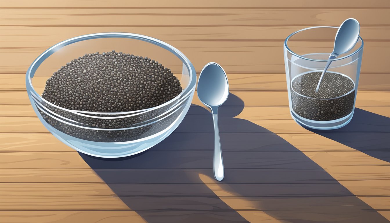 A small bowl of chia seeds sits on a wooden table next to a glass of water and a spoon