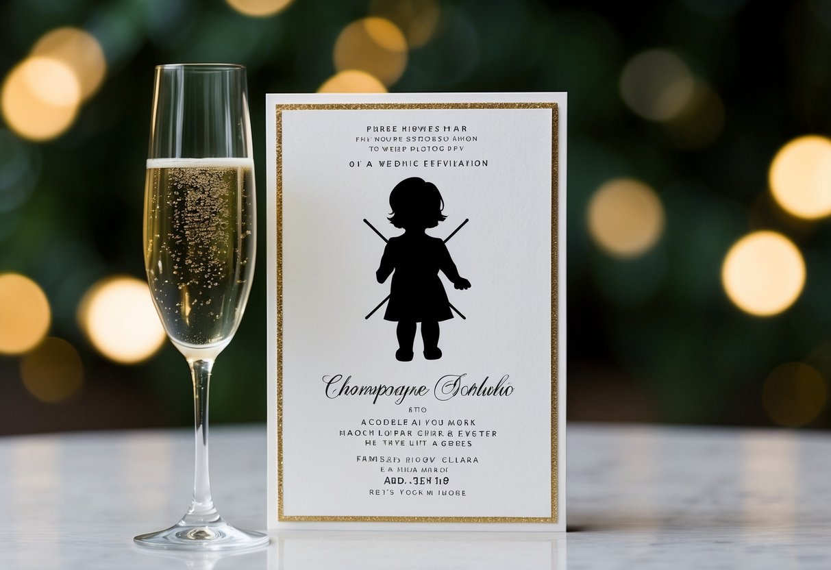 A wedding invitation with a champagne glass and a crossed-out child's silhouette
