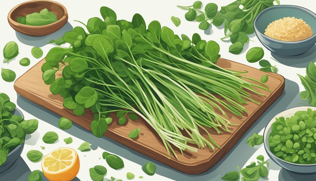 A vibrant bunch of watercress sits on a cutting board, surrounded by other fresh vegetables and herbs. The watercress looks crisp and green, ready to be incorporated into a healthy meal