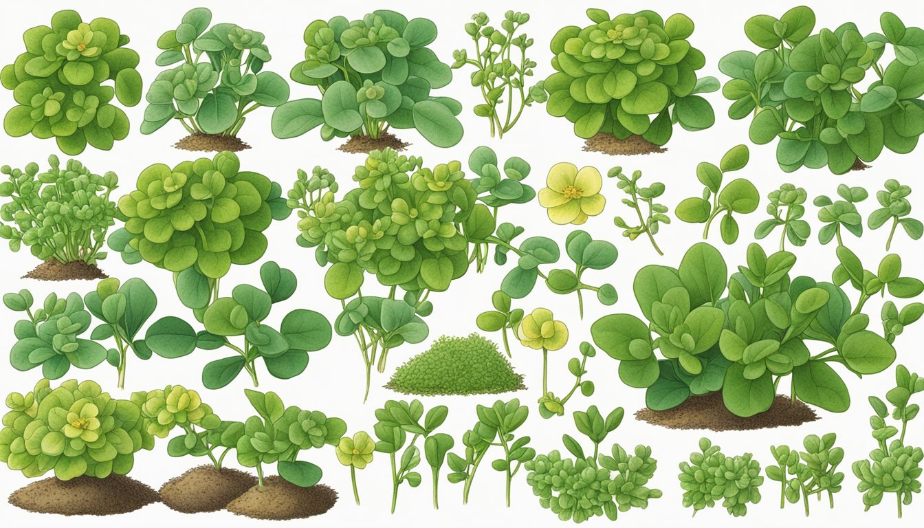 A colorful illustration of ripe and unripe purslane plants, with a focus on their nutritional profile