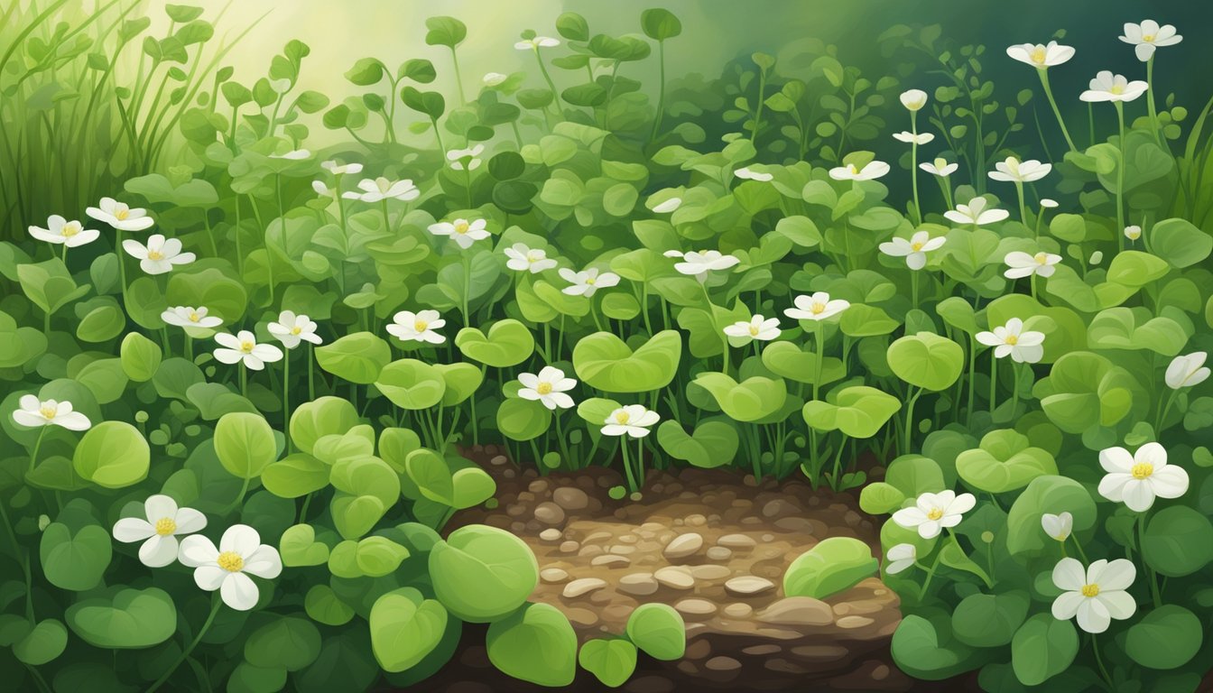 A garden scene with a small watercress patch, showing the plant at various stages of growth from seedlings to fully mature, with bright green leaves and delicate white flowers