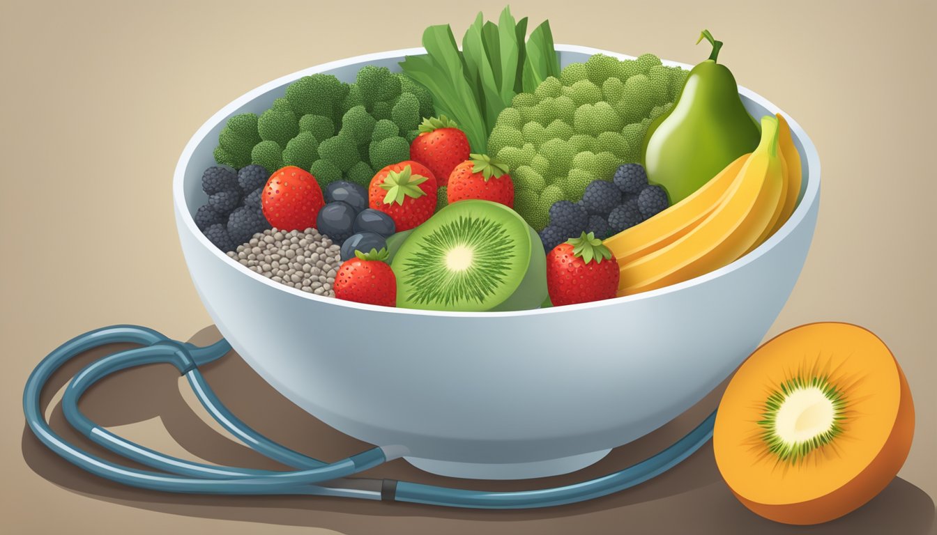 A bowl of chia seeds surrounded by various fruits and vegetables, with a doctor's stethoscope draped over the edge of the bowl