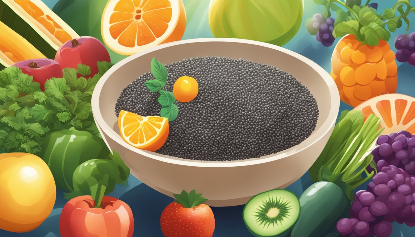 A bowl of chia seeds surrounded by colorful fruits and vegetables, with beams of sunlight shining down on them