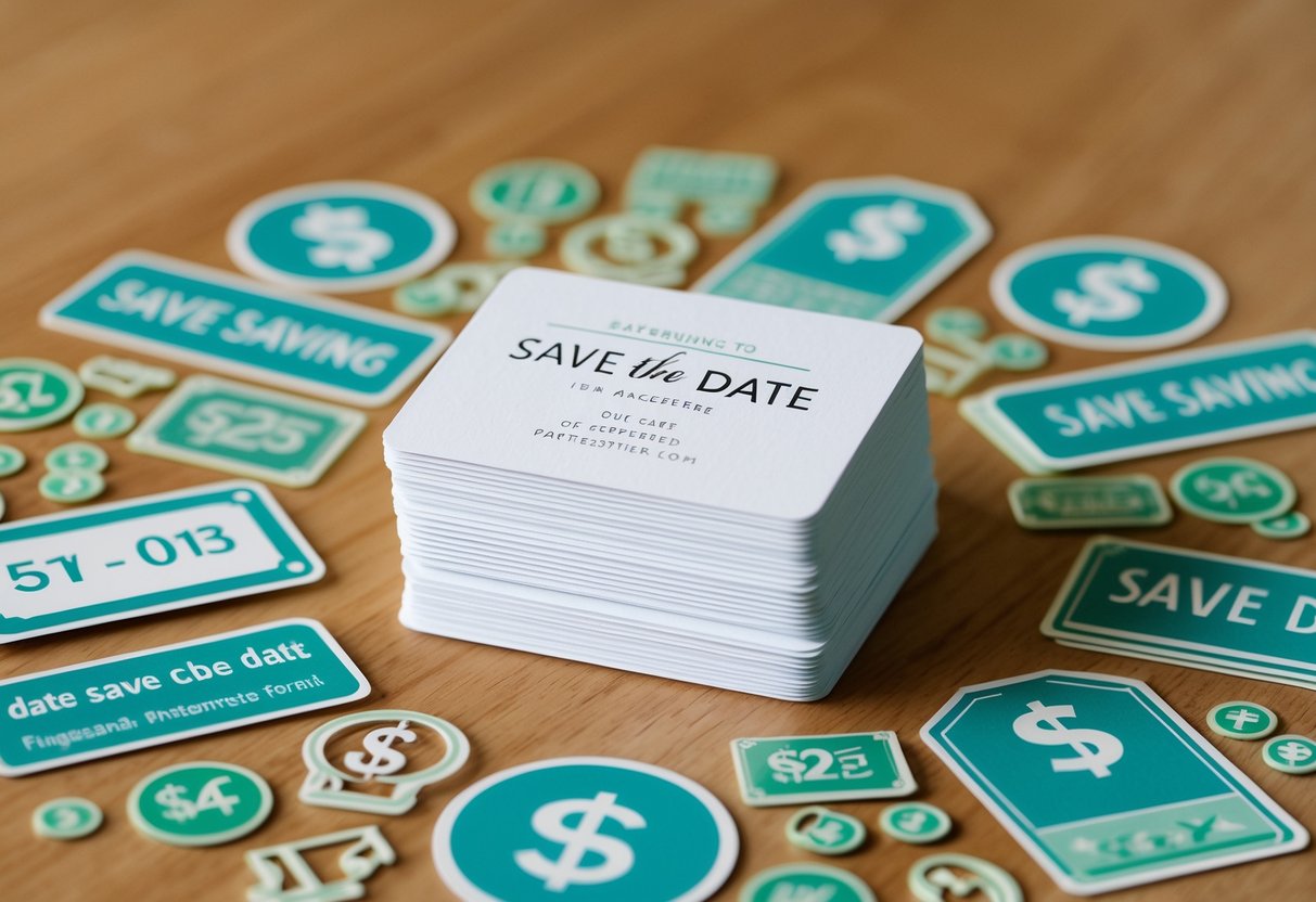 A stack of elegant save the date cards surrounded by various money-saving symbols and icons