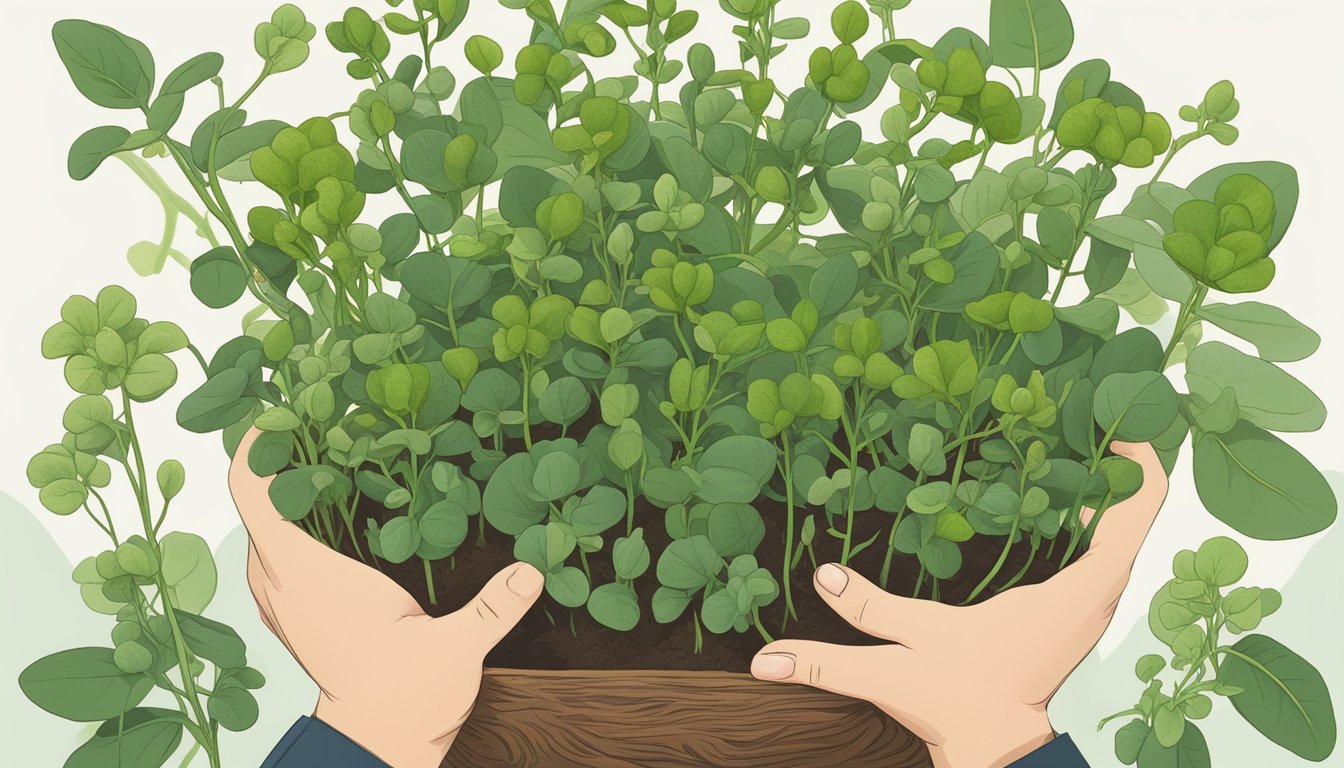 A person holding an unripe purslane plant, with a question mark above their head, surrounded by ripe and unripe purslane plants