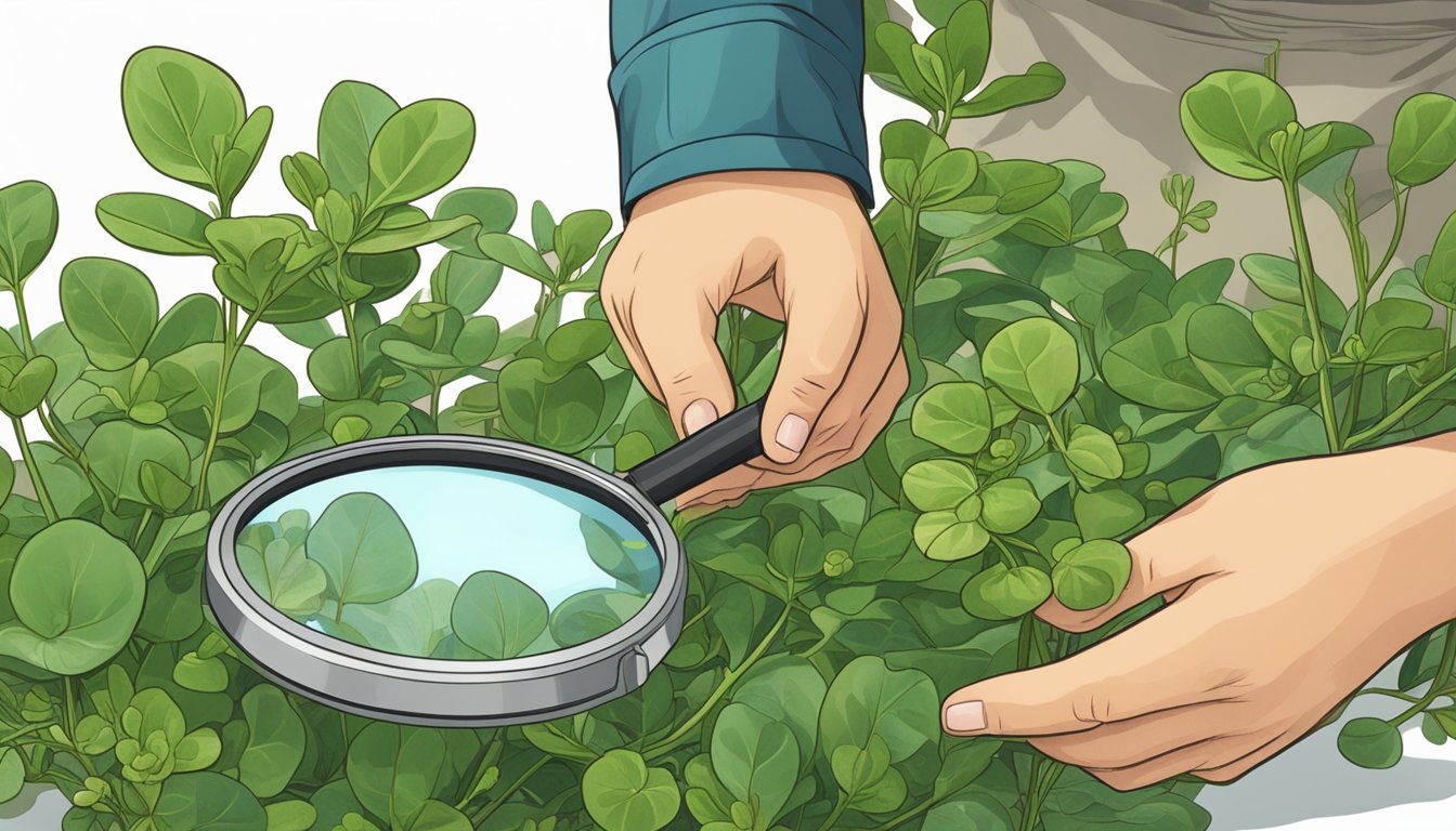 A person examining unripe purslane with a magnifying glass