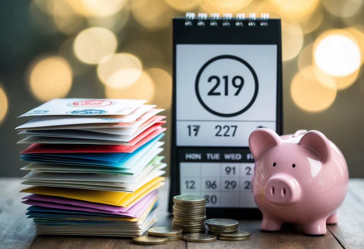 A stack of envelopes with a variety of postage stamps, a calendar with a circle around a date, and a pile of coins next to a piggy bank