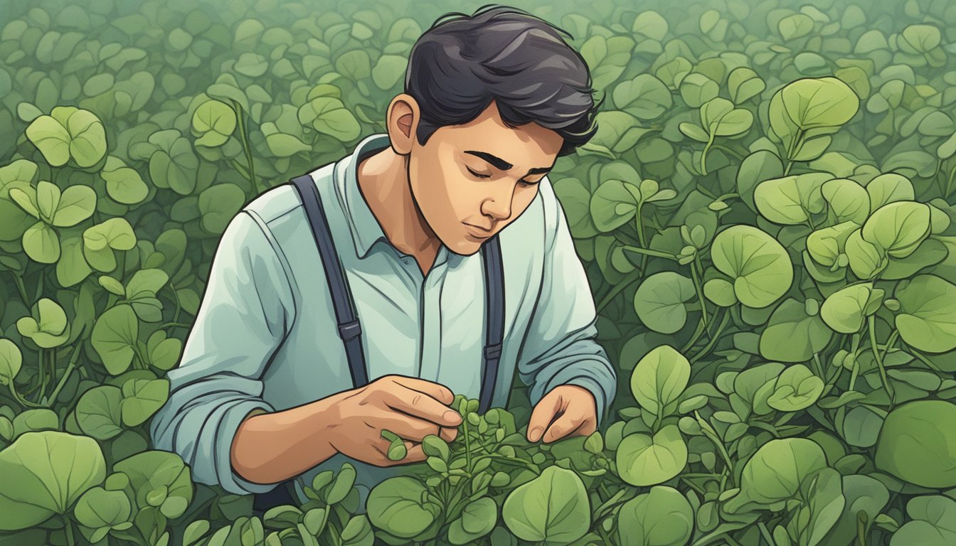 A person examining unripe purslane with a concerned expression