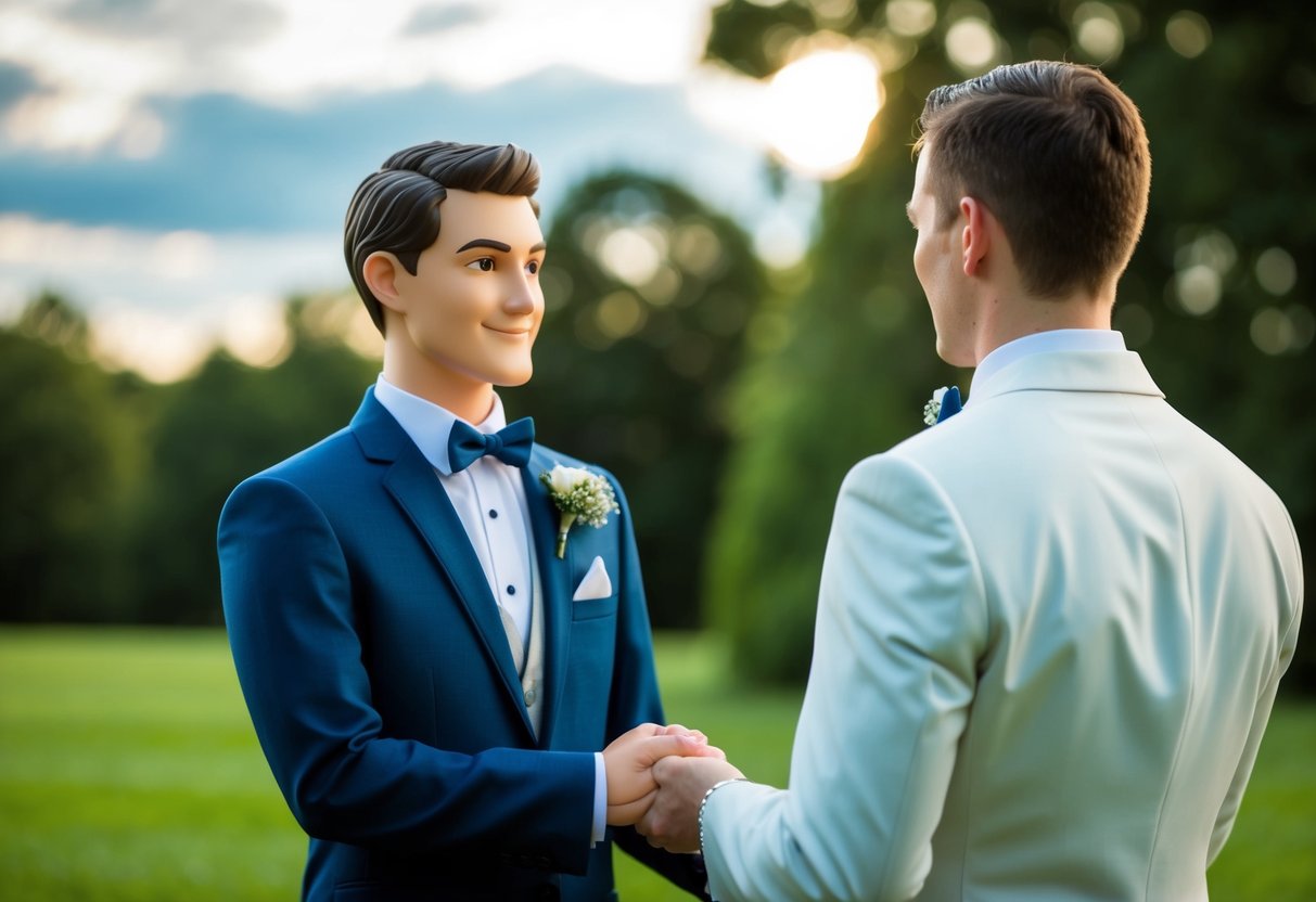 A figure in formal attire stands beside the groom, symbolizing the role of the best man at a wedding