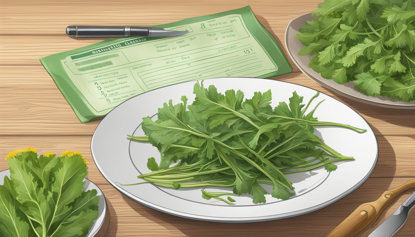 A plate of dandelion greens, some ripe and some unripe, with a nutritional chart in the background