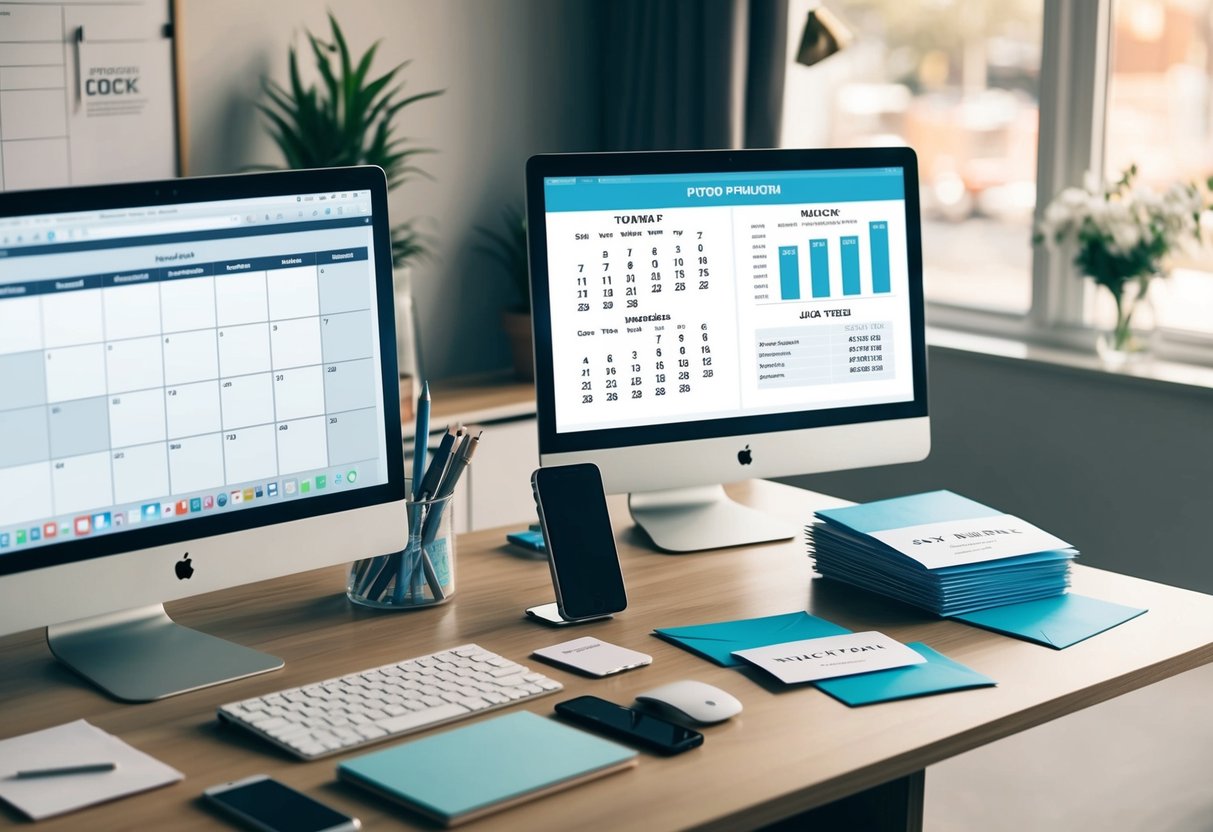 A desk with a computer, smartphone, and various stationery items. A calendar and budget spreadsheet are open on the screen. A stack of save the date cards and envelopes are nearby