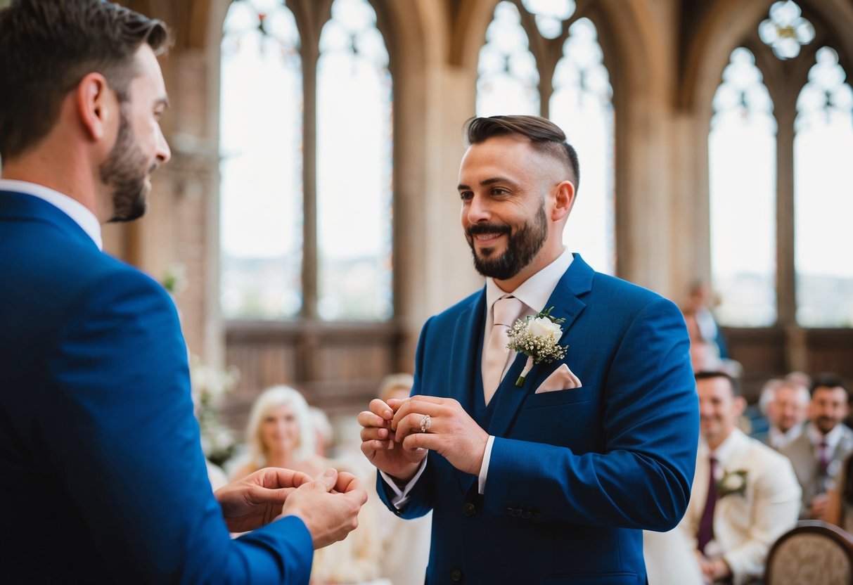 A man stands beside the groom, holding the wedding rings