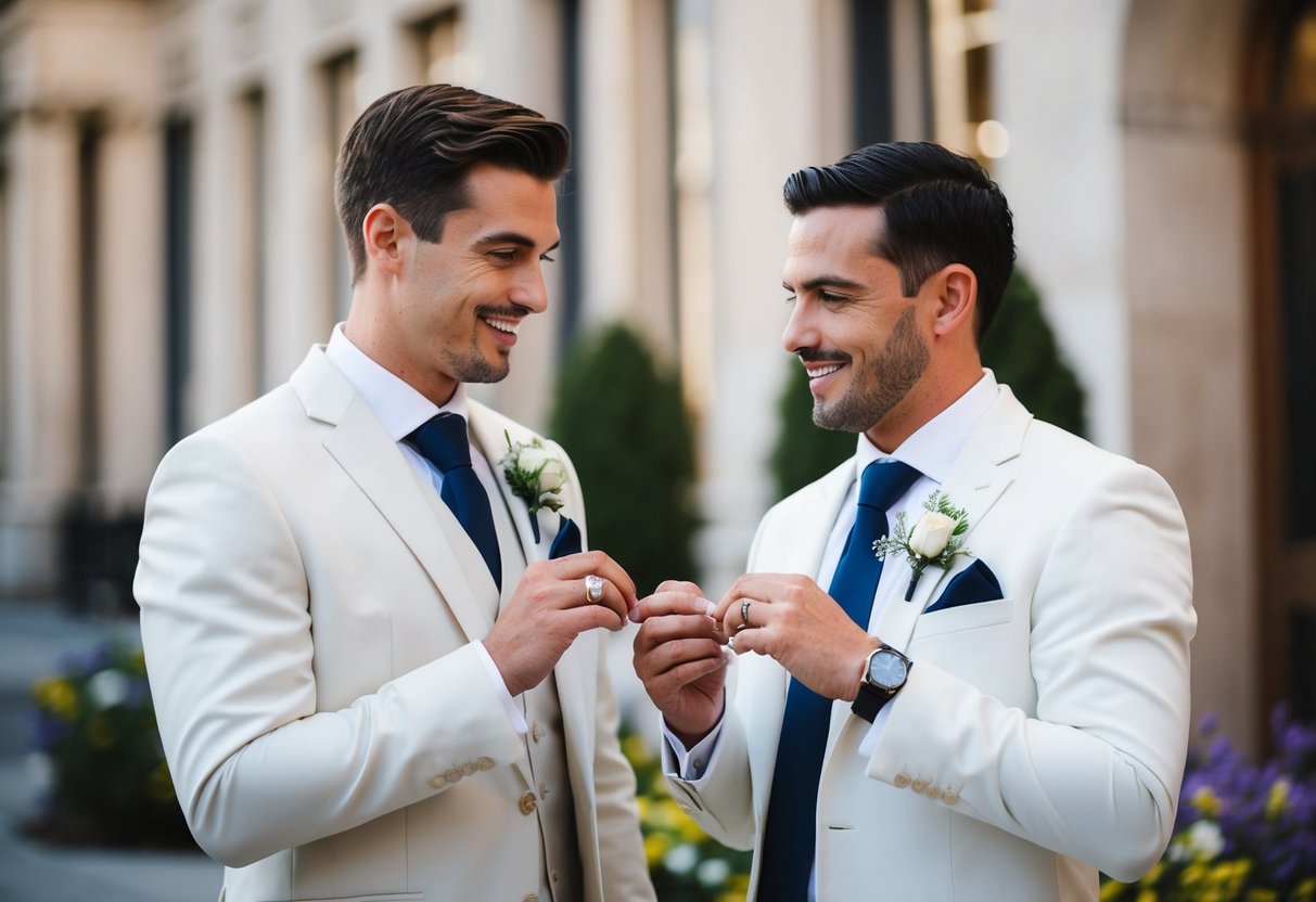 A well-dressed man stands next to the groom, holding the wedding rings