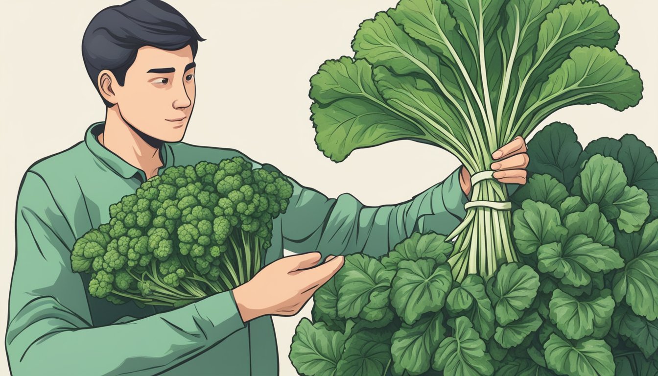 A person holding a bunch of unripe tatsoi, examining the leaves with a concerned expression