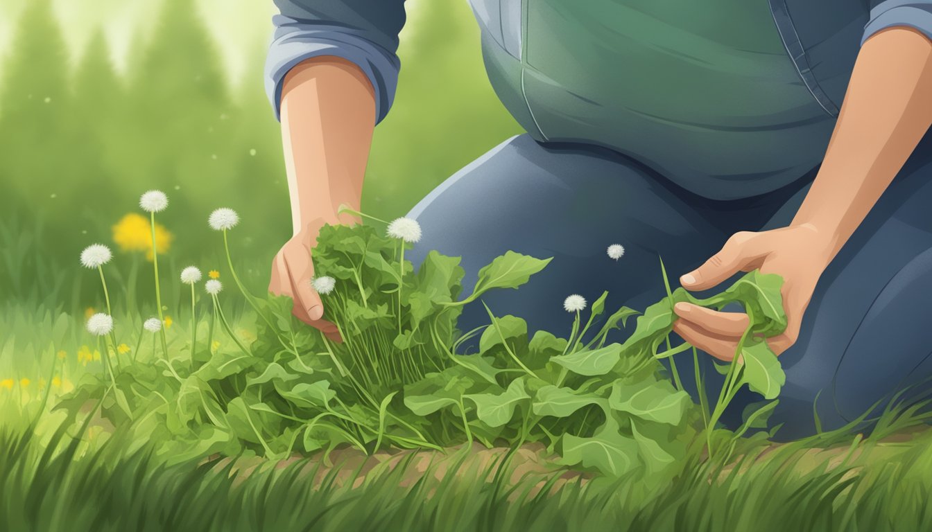 A person carefully picking unripe dandelion greens from the ground, inspecting them for any signs of damage or contamination before placing them in a basket