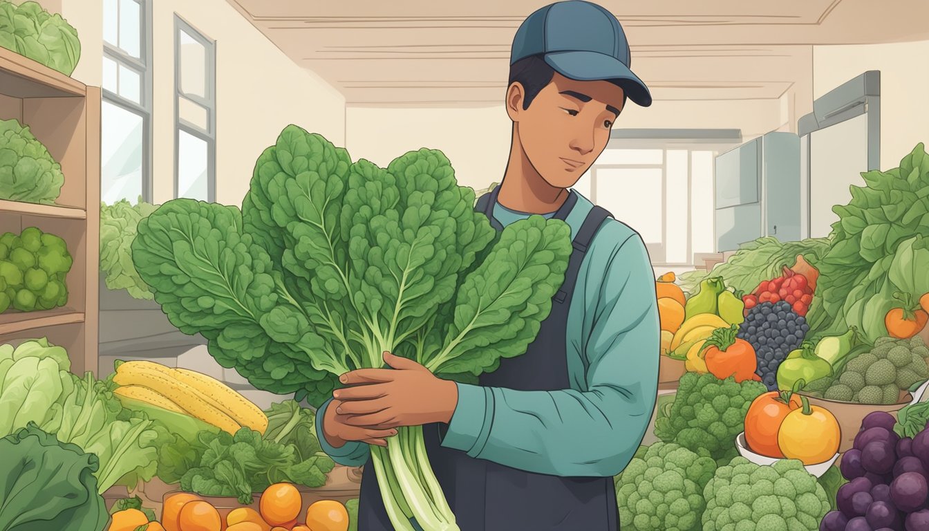 A person holding an unripe tatsoi, looking uncertain. Surrounding them are various fruits and vegetables, with a scale and nutrition information in the background