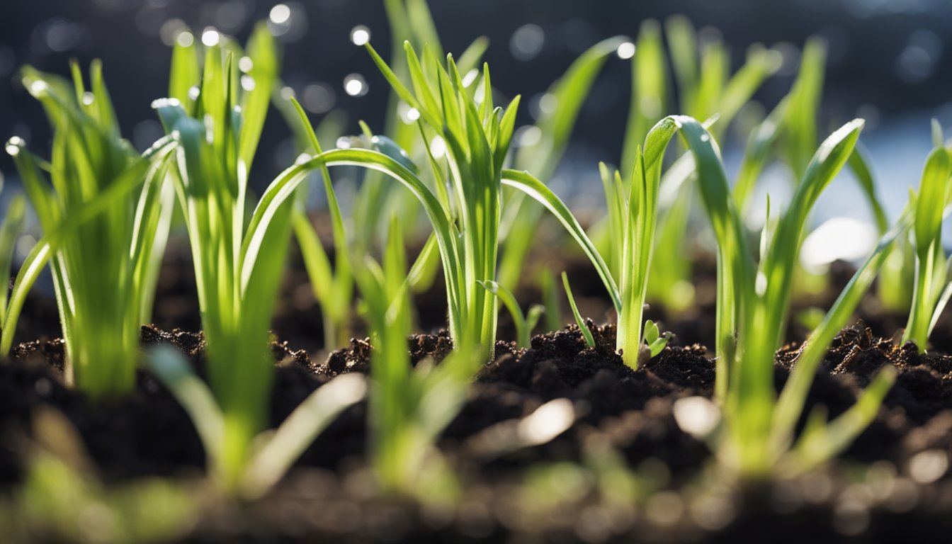 Delicate onion seedlings stand 2-3 inches tall, glistening with morning dew. A small watering can is visible in the background