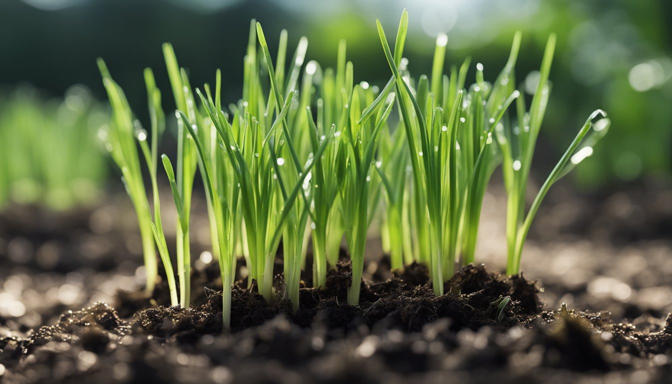 Delicate onion seedlings stand 2-3 inches tall, with morning dew glistening on their slender leaves. A small watering can is visible in the background