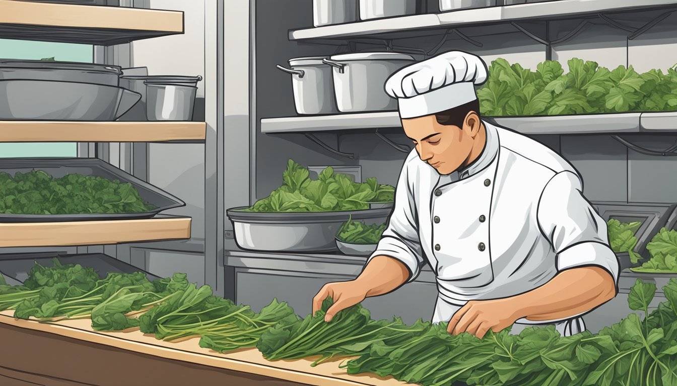 A chef carefully selects and prepares dandelion greens, inspecting each leaf for ripeness before incorporating them into a vibrant dish