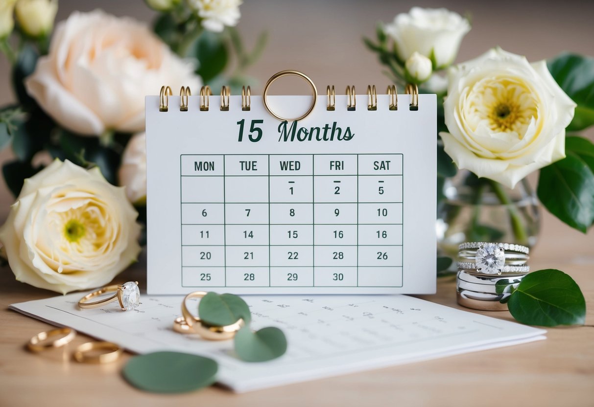 A calendar with a circled date 15 months in the future, surrounded by wedding-related items such as flowers, rings, and a venue