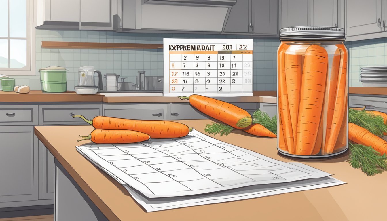 A kitchen counter with expired canned carrots next to a calendar showing the expiration date