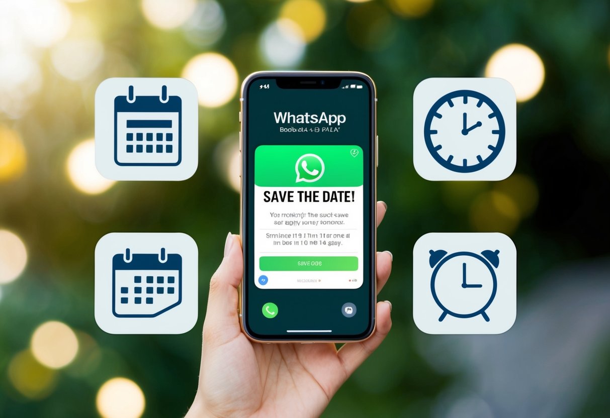A smartphone displaying a WhatsApp chat with a "Save the Date" message, surrounded by calendar and clock icons