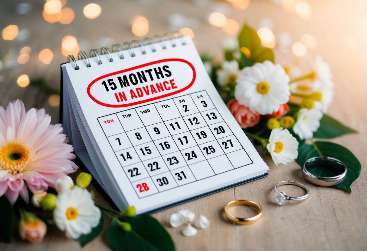 A calendar with the date 15 months in advance circled in red, surrounded by wedding-related items like flowers, rings, and a venue