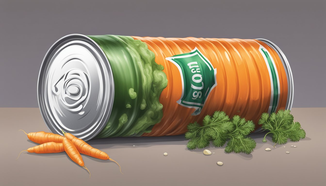 A bulging, dented can of carrots with a foul odor, leaking liquid, and visible mold